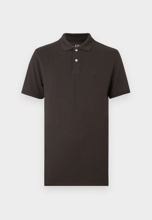Schwarzes Polo-Shirt aus Baumwolle, mit Kragen und Zwei-Knopf-Leiste, kurzen Ärmeln und aufgesticktem Markenlogo auf der Brust.
