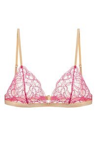 Krajkový bralet s trojúhelníkovým tvarem v tmavě růžové barvě s květinovými vzory, zlatým podprsenkovým pásem a nastavitelnými béžovými ramínky. Zapínání na zlatý kovový klip.