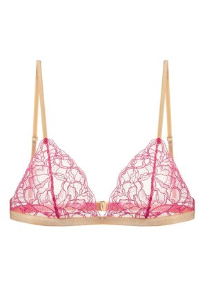 Bralette in pizzo di forma triangolare in rosa scuro con motivi floreali, fascia inferiore dorata e spalline regolabili color beige. Chiusura con gancio in metallo dorato.