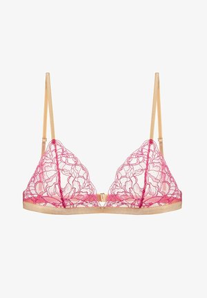 Spitzen-Bralette in dreieckiger Form in Dunkelrosa mit Blumenmuster, einem goldenen Unterband und verstellbaren beigen Trägern. Verschluss mit goldfarbener Hardware.