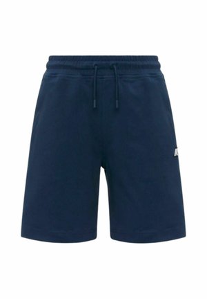 Pantaloncini casual blu navy con fascia elastica in vita e coulisse, dotati di tasche laterali e di un piccolo logo bianco sulla gamba destra.
