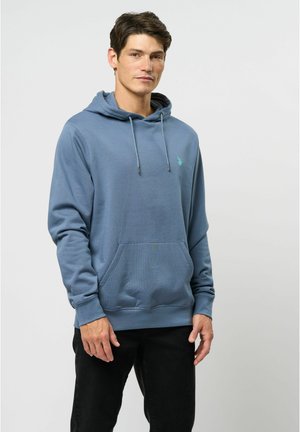 Felpa con cappuccio in cotone misto blu scuro, dotata di tasca frontale, cordini regolabili e piccolo logo sul petto. Maniche lunghe e polsini a costine.