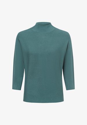 Türkisfarbener Pullover mit Stehkragen aus gerippter Textur, Dreiviertelärmel und lässiger Silhouette. Weiches, gestricktes Material mit subtiler Lichtreflexion.