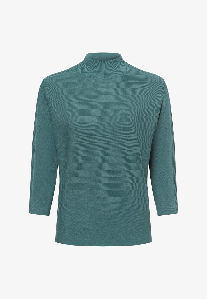 Türkisfarbener Pullover mit Stehkragen aus gerippter Textur, Dreiviertelärmel und lässiger Silhouette. Weiches, gestricktes Material mit subtiler Lichtreflexion.