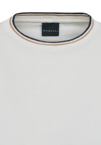 White crew-neck sweater with a soft texture, featuring a ribbed collar accented with navy blue and beige stripes. Brand label is visible.