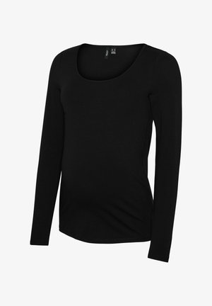 Crna majica za majke s dugim rukavima, s okruglim izrezom i mekim, rastezljivim materijalom. Ima prilagođeni oblik za udobnost tijekom trudnoće.