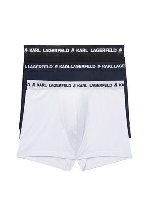 Pak od tri muška bokserice u bijeloj, tamnoplavoj i crnoj boji. Svaka ima elastičnu traku s logotipom "KARL LAGERFELD".