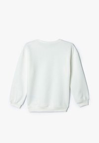 Biała bluza z miękką teksturą, okrągłym dekoltem i długimi rękawami. Posiada ściągacze przy mankietach i u dołu, o gładkim, prostym designie.