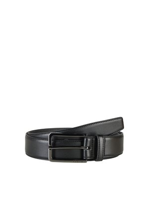 Black leather belt rolled with rectangular metal buckle and stitched edges, designed for formal or casual wear.
