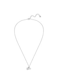 Collar de plata con un charm floral y un acento de perla, con una cadena fina y un cierre ajustable para personalizar la longitud.