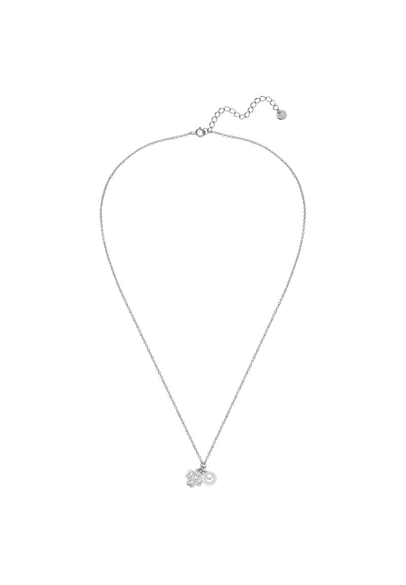 Collar de plata con un charm floral y un acento de perla, con una cadena fina y un cierre ajustable para personalizar la longitud.