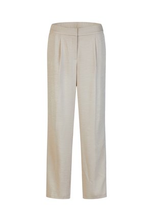 Beige high-waist tailored trousers with front pleats and a straight-leg fit, made from a lightweight textured fabric.