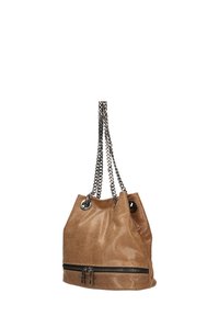 Borsa a secchiello in finta pelle marrone con tasca con zip, manici in catena silver, occhielli metallici e superficie testurizzata.