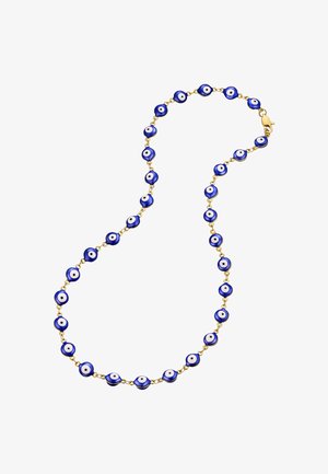 Blå og hvide onde øje perler sat i guld-tonet metal danner en delikat kæde halskæde, der har cirkulære former med blanke overflader.
