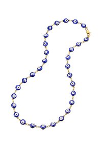 Modré a biele korálky proti zlému oku sú zasadené v zlatom kove a tvoria jemný náhrdelník, ktorý má okrúhle tvary s lesklým povrchom.