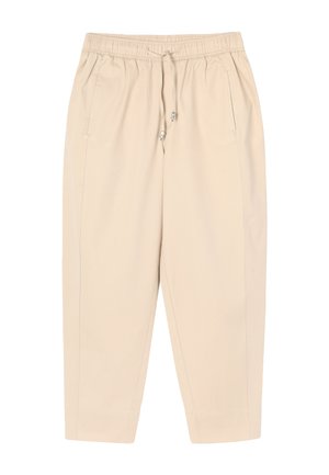Beżowe spodnie casual z elastycznym paskiem w talii i sznurkiem, wyposażone w boczne kieszenie i luźny, zwężany krój.