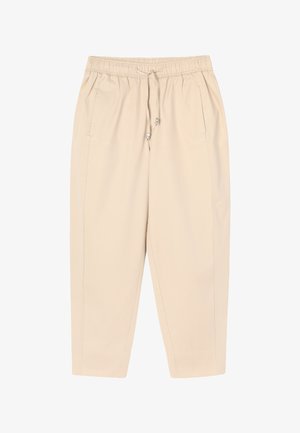 Beige színű, hétköznapi nadrág gumis derékpánttal és húzózsinórral, oldalzsebekkel és kényelmes, keskenyedő szabással.