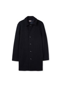 ullkappa i mörk marinblått, med krage, sex svarta knappar, sidofickor och rak silhuett. Mjuk textur.