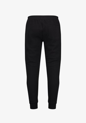 Pantaloni da ginnastica neri realizzati in misto cotone, caratterizzati da un design con gamba affusolata, vita elastica e una tasca posteriore singola. Texture liscia.