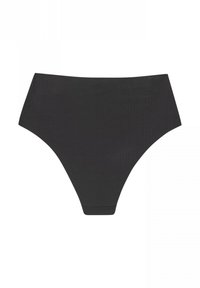 Braguitas negras de talle alto fabricadas con una tela suave y un patrón texturizado. Presentan un corte clásico, bordes sin costuras y sin costuras visibles.