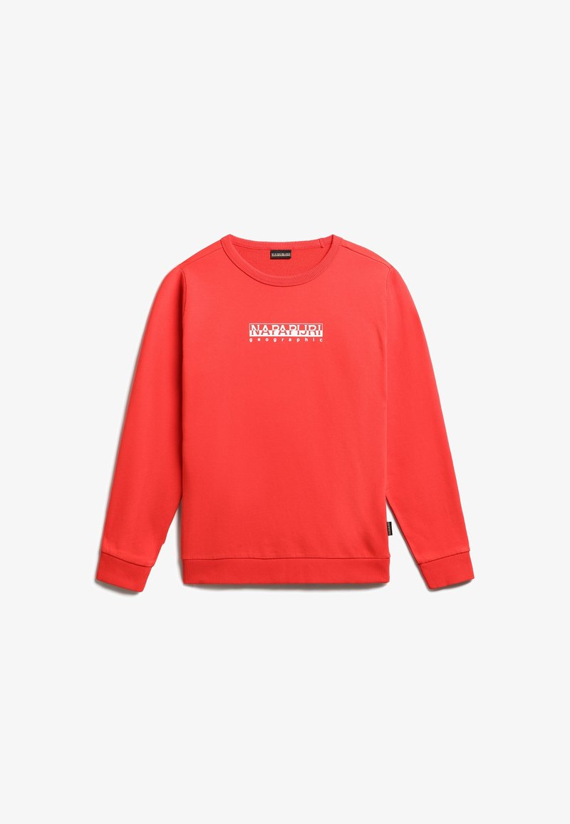 Sweatshirt rouge à manches longues avec des poignets et un ourlet côtelés, affichant le logo "Napapijri Geographic" en blanc sur la poitrine.