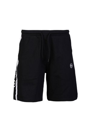 Black athletic shorts with an elastic waistband and drawstring, featuring white side panels and a logo on the front left. Soft fabric texture.