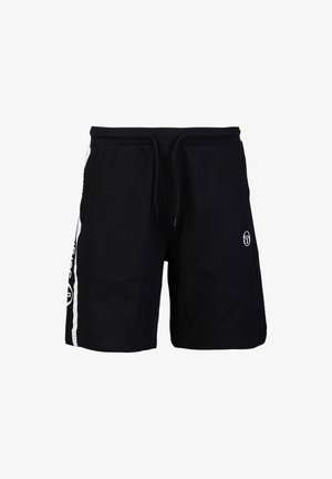 Zwarte sportshorts met een elastische tailleband en trekkoord, met witte zijpanelen en een logo aan de linkervoordele. Zachte stofconstructie.