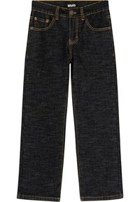 Tummat farkut suoralla leikkauksella, joissa on viisi taskua ja kontrastivärisiä keltaisia ompeleita saumoissa. Brändilogo vyötärönauhan kohdalla.