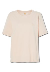 Korte mouwen, lichtbeige T-shirt van katoen. Heeft een ronde halslijn en een klein geborduurd logo op de borst. Zachte textuur.