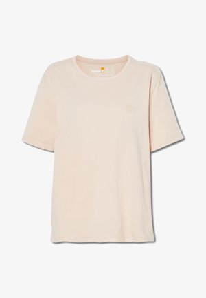 Kurzärmliges, hellbeiges T-Shirt aus Baumwolle. Verfügt über einen runden Ausschnitt und ein kleines gesticktes Logo auf der Brust. Weiche Textur.