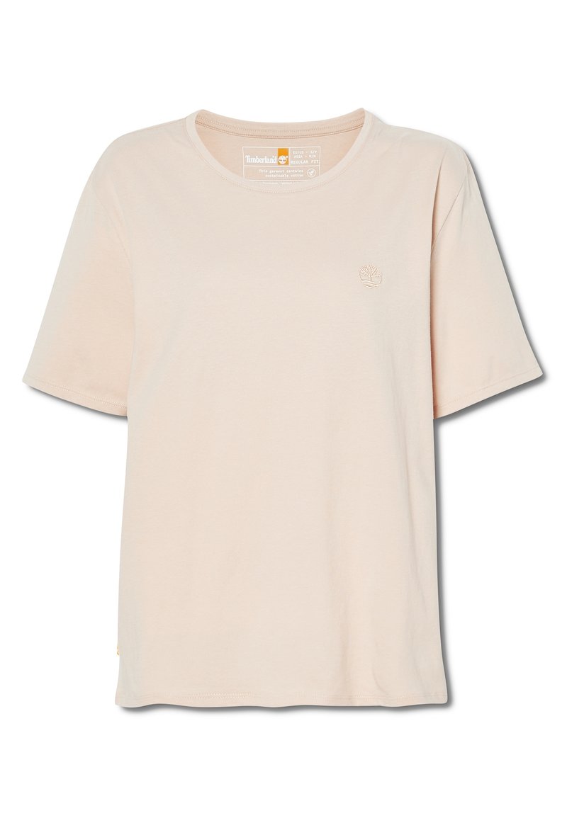 Korte mouwen, lichtbeige T-shirt van katoen. Heeft een ronde halslijn en een klein geborduurd logo op de borst. Zachte textuur.