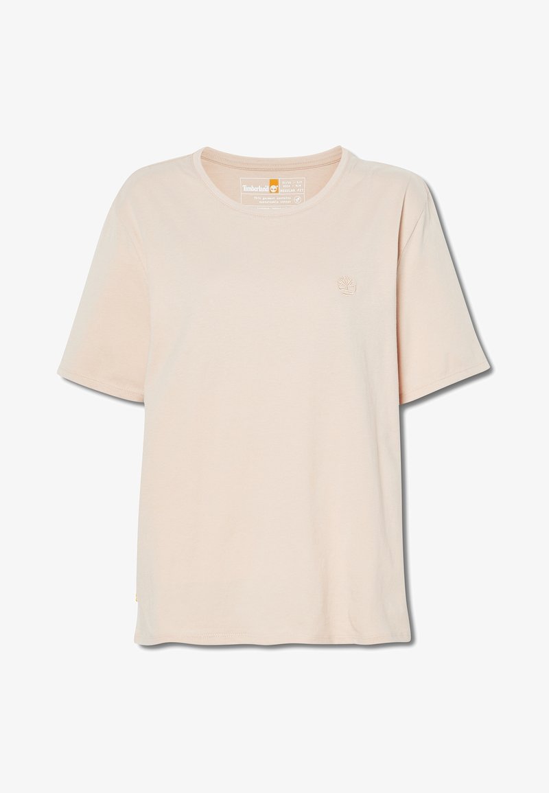 Korte mouwen, lichtbeige T-shirt van katoen. Heeft een ronde halslijn en een klein geborduurd logo op de borst. Zachte textuur.