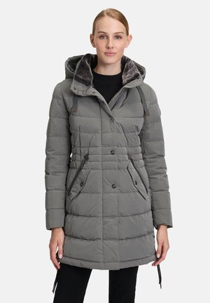 Gray puffer coat with quilted texture, fur-lined hood, button closures, side pockets, and adjustable straps on shoulders.