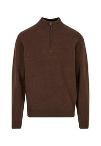 Brauner Halbzip-Pullover aus weichem Stoff. Mit gerippten Bündchen und Saum sowie einem dezenten Logo auf der Brust. Klassisches, tailliertes Design.