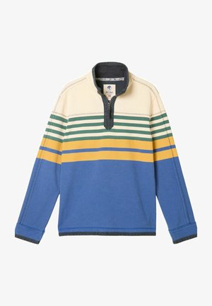 Pikad varrukad puuvillane pullover, millel on horisontaalsed triibud sinise, rohelise ja kollase toonides. Lukuga kaelus tumeda halli detailidega, soonilised varrukaääred.