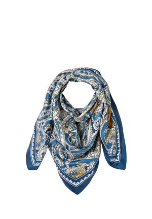 Foulard carré en soie avec des motifs floraux et cachemire bleus, blancs et jaunes, plié en drapé bouclé.