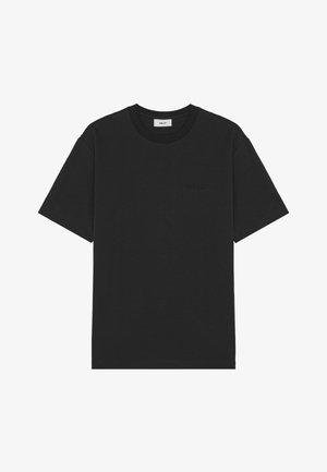Zwarte T-shirt met korte mouwen van katoen, met een ronde halslijn en een subtiele reliëflogo op de voorkant. Glad oppervlak en klassieke pasvorm.