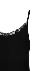 Schwarzes Tanktop mit einer Spitzenbordüre am Ausschnitt, dünnen Trägern und einer weichen, glatten Stofftextur.