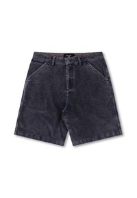 Shorts en velours côtelé bleu foncé avec des rayures verticales, dotés d'une fermeture à bouton, de passants de ceinture et de poches latérales. Texture douce, design décontracté.