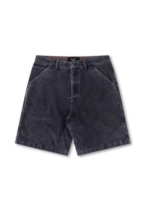 Corduroy shorts in dark blue with vertical stripes, featuring a button closure, belt loops, and side pockets. Soft texture, casual design.