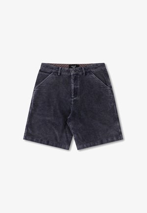 Corduroy shorts in dark blue with vertical stripes, featuring a button closure, belt loops, and side pockets. Soft texture, casual design.