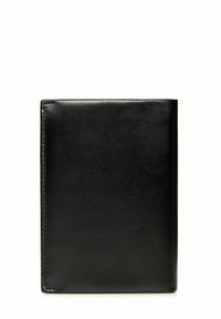 Czarny skórzany portfel o gładkiej fakturze i prostokątnym kształcie. Posiada wzmocnione szwy wzdłuż krawędzi oraz minimalistyczny design.