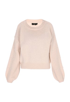 Hellrosa Strickpullover mit Ballonärmeln, runder Halslinie und verstreuten Perlenverzierungen am Körper und an den Ärmeln. Verkürzte Passform.