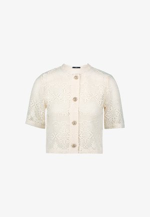 Hæklet kortærmet cardigan i off-white med rund halsudskæring og fem dekorative knapper i midten. Tekstureret blonde mønster.