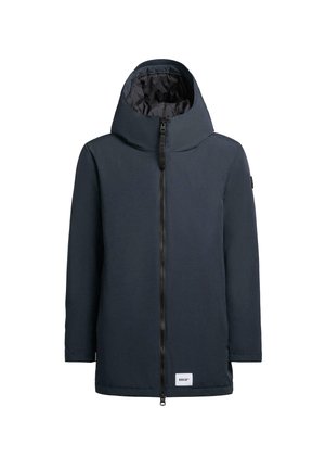 Giacca con cappuccio blu navy con zip frontale completa, tessuto morbido e etichetta con logo all'orlo. Design semplice con maniche lunghe.