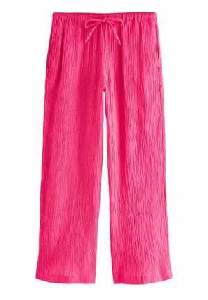 Pantaloni roz cu picioare largi, cu o suprafață texturată și un elastic la talie, dotat cu un șnur pentru ajustare.