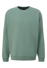 Sudadera verde claro hecha de tela acanalada, con cuello redondo, mangas largas y un ajuste ligeramente holgado. Logo sutil en el frente.