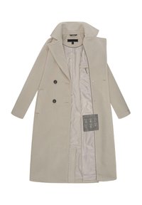 Beige mid-length jas gemaakt van zachte stof, met een gelatzak, dubbele knopen, twee voorzakken en een binnenvoering van satijn.