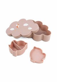 Cloud-shaped storage container in soft pink silicone. Features white cloud decorations, a kite, and bird accents. Includes three nested shapes.