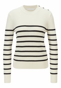 Pull blanc avec des rayures horizontales noires, texture côtelée, col rond et boutons décoratifs sur l'épaule.